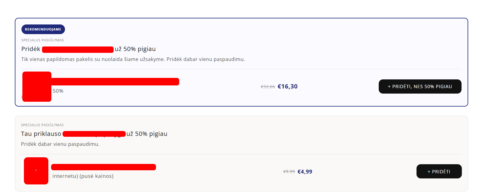 Shopify upsell blokas